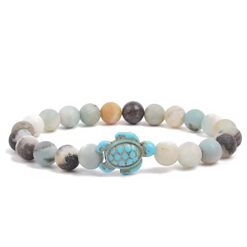 Sea Turtle 8mm Beads Bracelet Turquoise Natutal Stone Elastic Stretch Jewelry